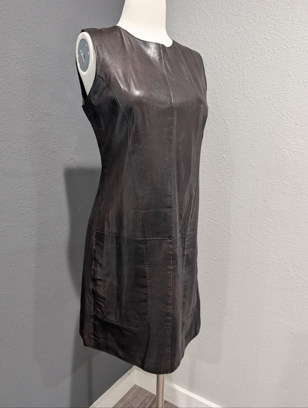 Vince Genuine Leather Sleeveless Shift Dress - Dark Brown - Size 4